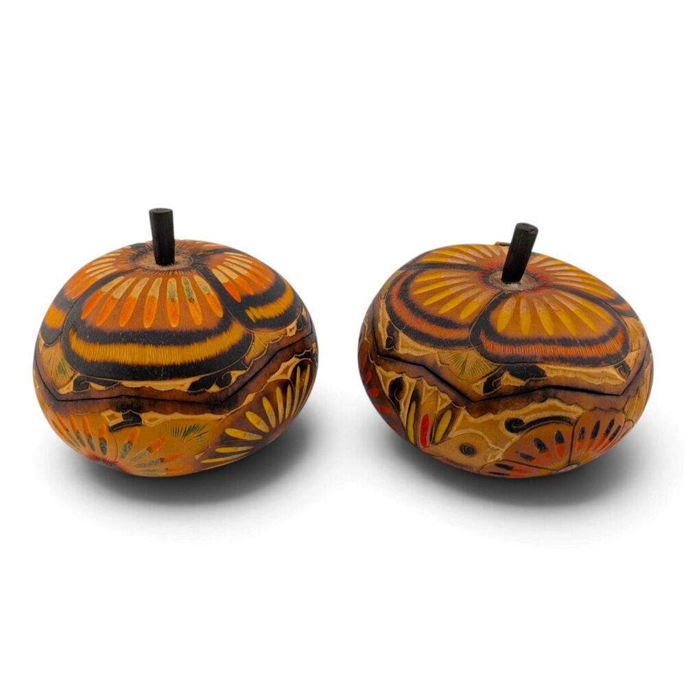 CIAP Peru Carved Gourd Trinket Boxes Set of 2 Hand Painted Peruvian Folk Art